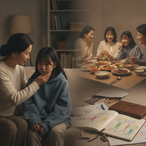 57세 한국 어머니가 12살 딸의 감정을 이해하려고 다정하게 대화하는 모습, 뒷배경에 가족 모임과 그림 도구.