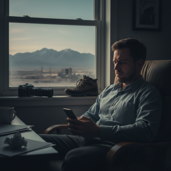 만성 스트레스와 무기력으로 고민하는 직장인이 어둡고 고립된 공간에서 휴대폰을 보며 앉아 있지만, 창밖의 희미한 빛과 취미를 상징하는 등산과 사진이 회복의 가능성을 암시하는 이미지