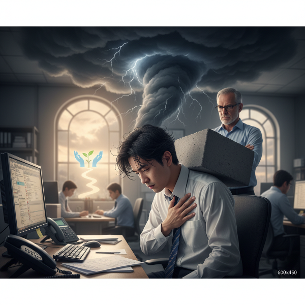 직장에서 스트레스와 불안을 겪는 30대 남성 직장인의 모습을 담은 이미지로, 업무 부담과 심리적 압박감을 시각적으로 표현했습니다.