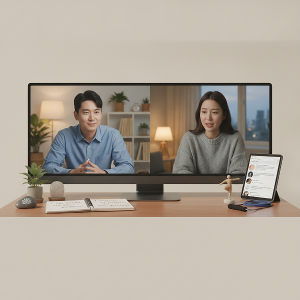 온라인 심리상담 장면으로, 남성 상담사 민재가 자존감 문제를 겪는 여성 내담자와 대화하며 소셜미디어 비교, 발표 불안, 수면 명상, 가족 갈등 경계 설정, 무용 치료 등 다양한 자존감 회복 방법을 제안하는 모습