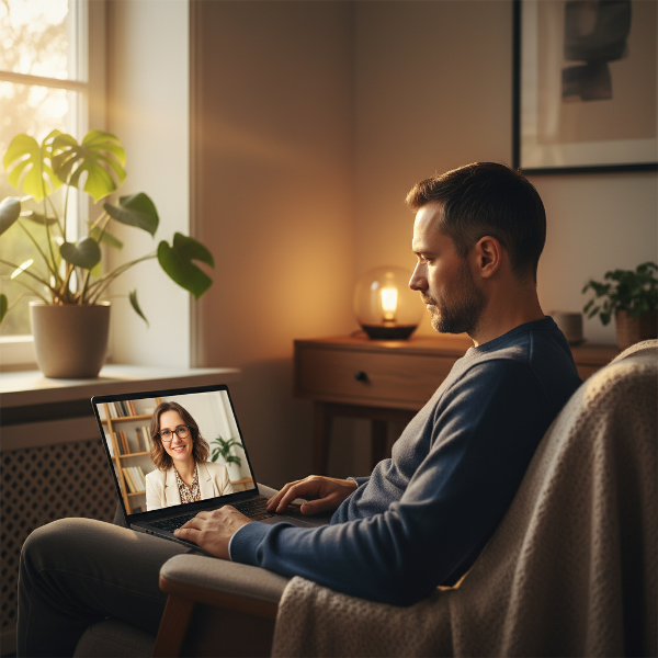 내성적인 30대 남성이 우울감과 무기력함을 겪으며 온라인으로 심리상담을 받는 따뜻하고 희망적인 장면입니다.