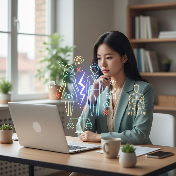 온라인 심리 상담사 빛나가 노트북 앞에서 생각에 잠겨 있고, 내담자 커플의 상반된 기대(안정 vs 해외 이주)와 소통 단절을 상징적으로 표현한 이미지입니다.