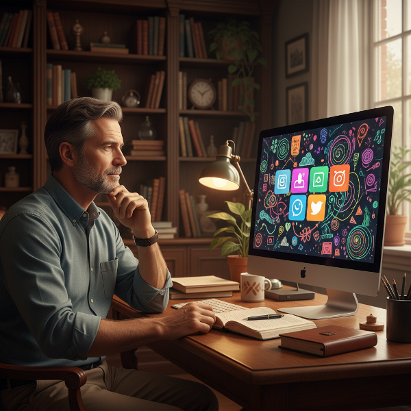 57세 남성 온라인 심리 상담사가 소셜 미디어 아이콘과 미술치료 그림이 보이는 컴퓨터 화면을 바라보며 진지하게 고민하는 모습을 담은 이미지입니다.