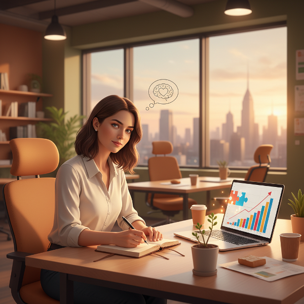 낙관적인 스타트업 중간관리자가 업무 스트레스와 감정 기복 속에서 성장을 고민하며 일기를 쓰는 모습을 담은 이미지입니다.