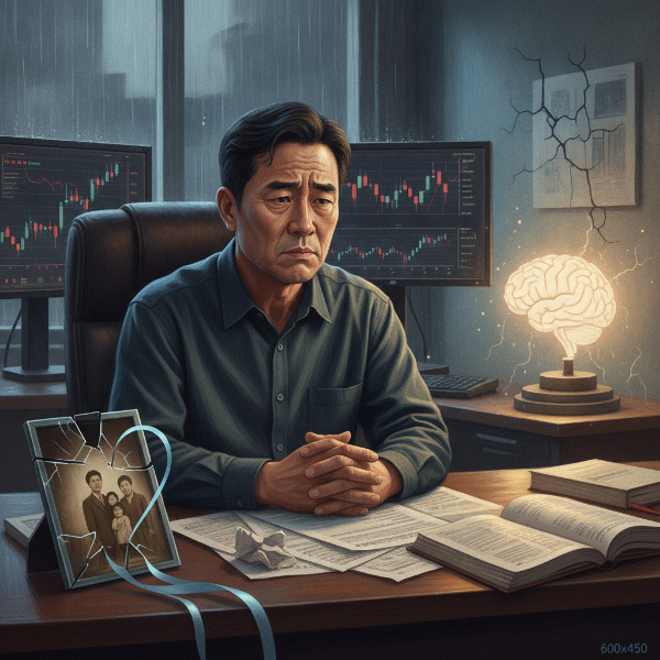중년의 차분한 남성이 투자 관련 문서와 함께 앉아 있으며, 입양과 정신 건강 회복을 상징하는 이미지가 어우러진 감성적인 디지털 그림.