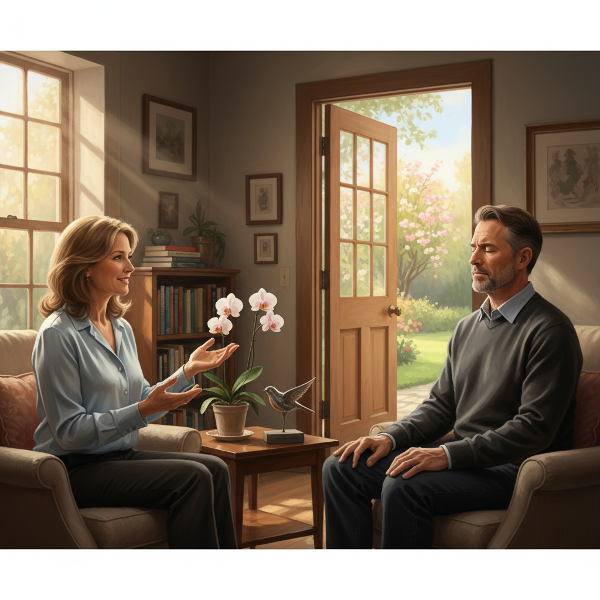 심리학자가 중년 남성의 폐쇄공포증과 직업적 고민을 이해하며 호흡법과 점진적 노출을 안내하는 따뜻한 상담 장면입니다.