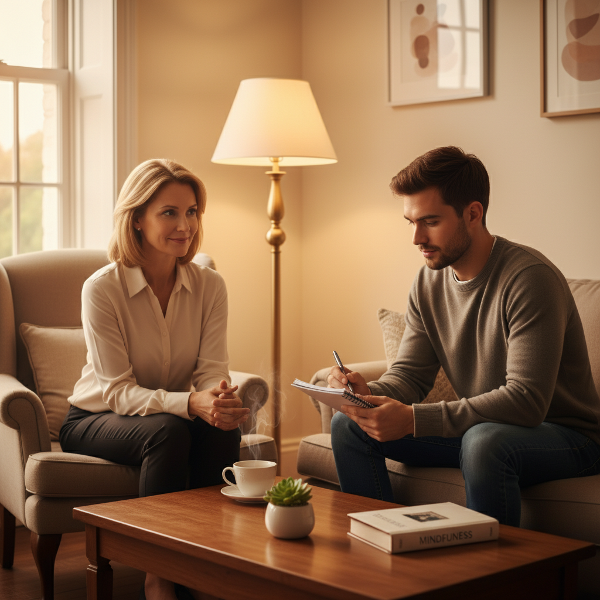 심리학자 빛나가 안전하고 따뜻한 상담실에서 불안과 트라우마로 고민하는 20대 남성 내담자에게 공감하며 경청하고 있는 모습입니다.