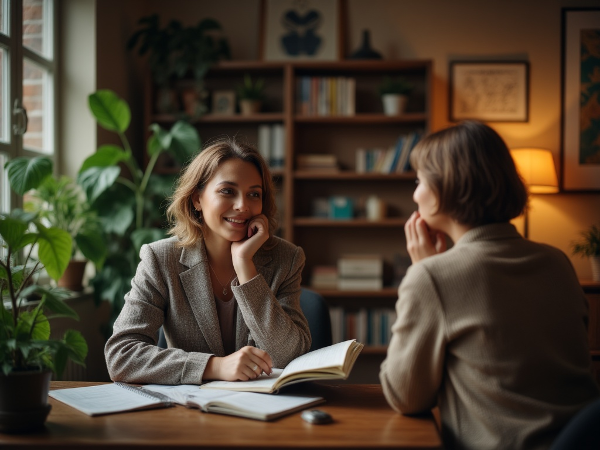 심리학자 빛나가 따뜻한 사무실에서 40대 여성 내담자의 고민을 경청하며, 자존감 회복과 성장을 상징하는 이미지입니다.