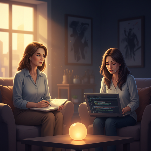 트라우마를 재경험하는 게임 개발자가 심리학자의 안전한 공간에서 조언을 받으며, 현재의 어려움과 과거의 상처를 분리해 나가는 모습을 담은 이미지입니다.