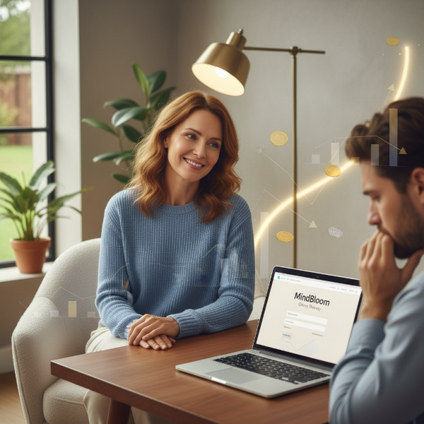 온라인 심리 상담 운영 중인 40대 여성이 재정 스트레스와 번아웃으로 고민하는 모습을 따뜻하게 상담해주는 심리학자의 이미지입니다.