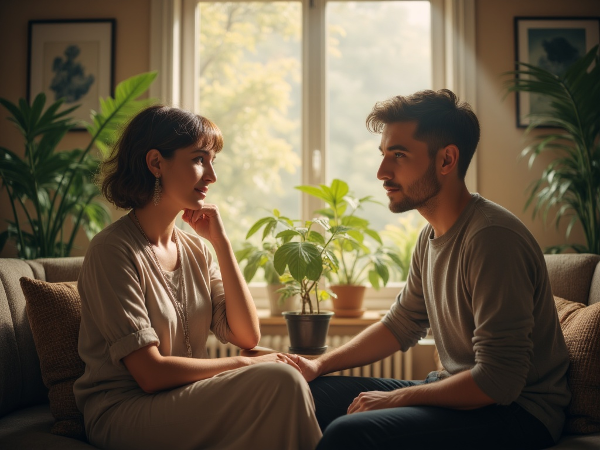 심리상담사가 안정된 공간에서 불안해하는 젊은 남성에게 조언을 나누는 따뜻하고 희망적인 이미지입니다.