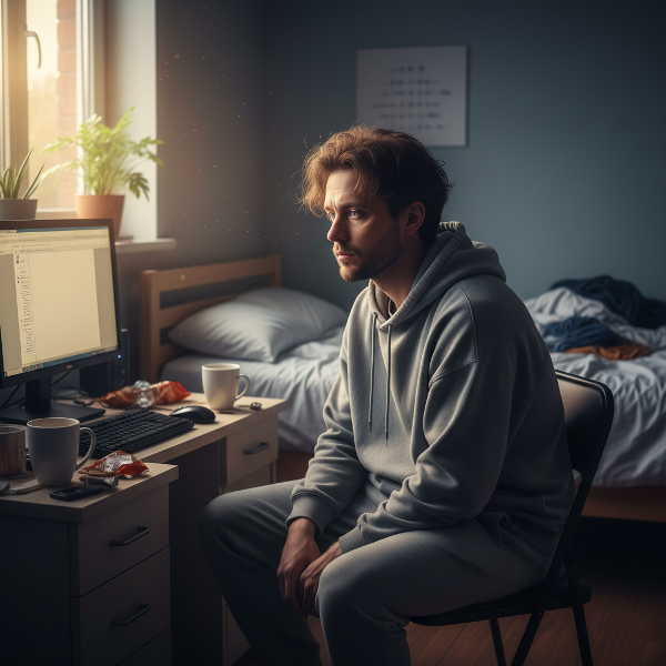 재택근무 중 무기력감과 일상의 붕괴를 경험하는 남성의 모습을 담은 이미지입니다.