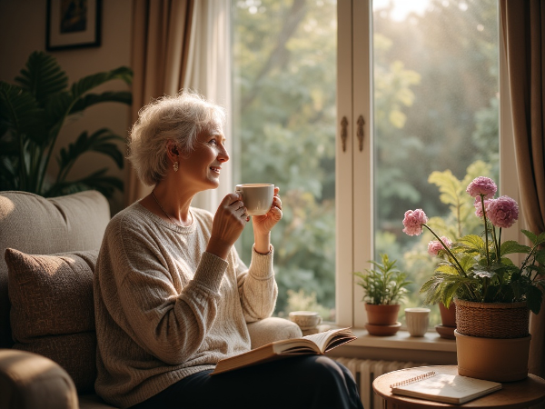 은퇴 후 창가에 앉아 차를 마시며 새로운 시작을 고민하는 55세 여성의 모습을 담은 따뜻하고 희망적인 이미지입니다.