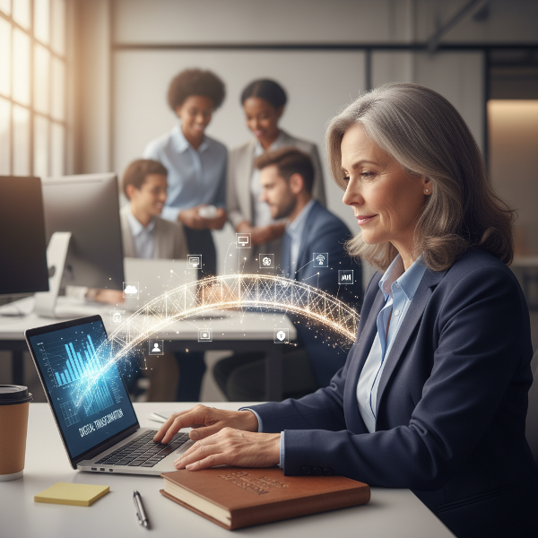 57세 인사 관리자가 디지털 전환 환경에서 자신의 오랜 경험과 새로운 변화를 연결하는 방법을 고민하며 희망을 찾아가는 모습을 담은 이미지입니다.