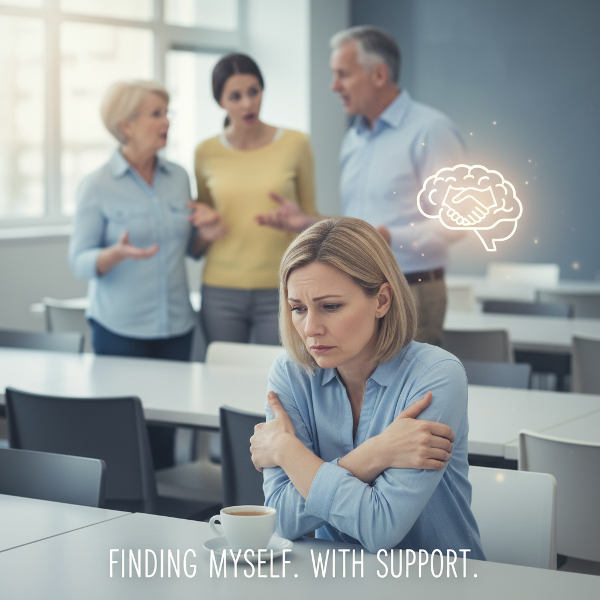 사회적 불안과 가족 오해로 고립감을 느끼는 40대 여성의 심리적 고민을 표현한 이미지