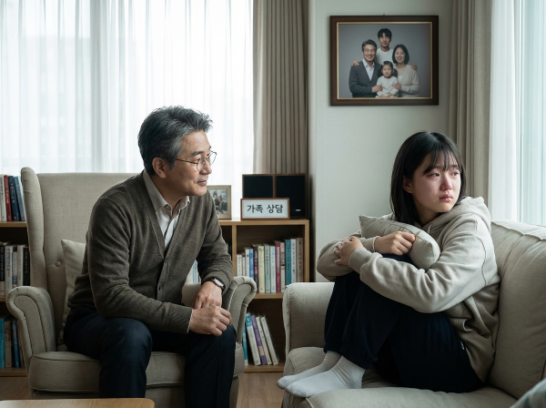 58세 재혼 남성이 감정 조절에 어려움을 겪는 청소년기 의붓딸과 가정에서 대화하는 따뜻한 장면입니다.