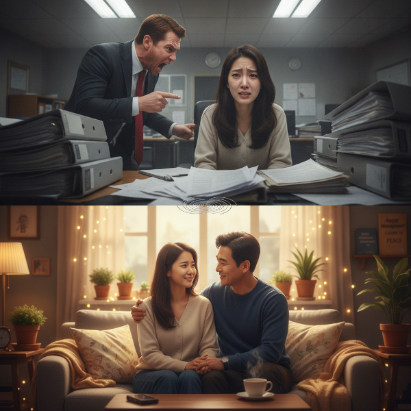 여성 지혜가 직장과 가정에서 분노 조절 어려움을 겪는 모습을 대조적으로 표현한 이미지.