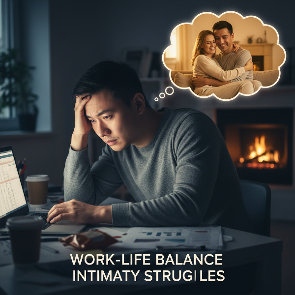 스트레스를 받는 직장인 남성이 업무 중 아내와의 친밀한 순간을 그리워하며 일과 관계의 균형을 고민하는 모습을 표현한 이미지입니다.