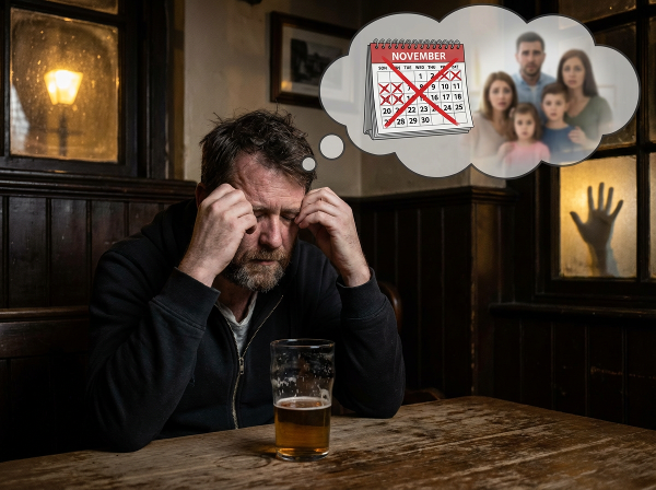 스트레스로 인한 음주 습관에 고민하는 중년 남성과 금주를 위한 변화와 전문적 도움의 필요성을 상징하는 이미지