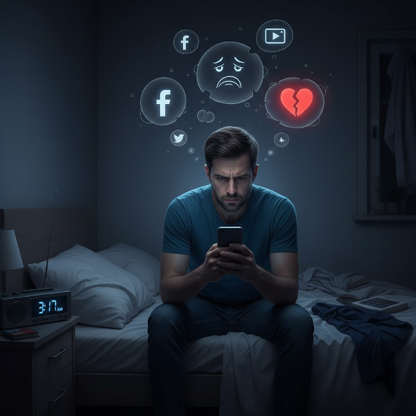 밤늦게 스마트폰 화면을 보며 스트레스를 받는 30대 남성의 모습으로, 디지털 중독이 불안, 수면 부족, 대인 관계에 미치는 영향을 상징적으로 표현한 이미지입니다.