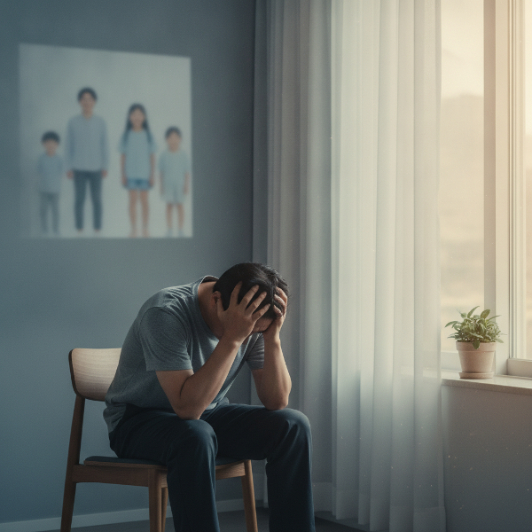 A stressed middle-aged man at home, feeling overwhelmed, with a hopeful light suggesting he can regain his calm self.