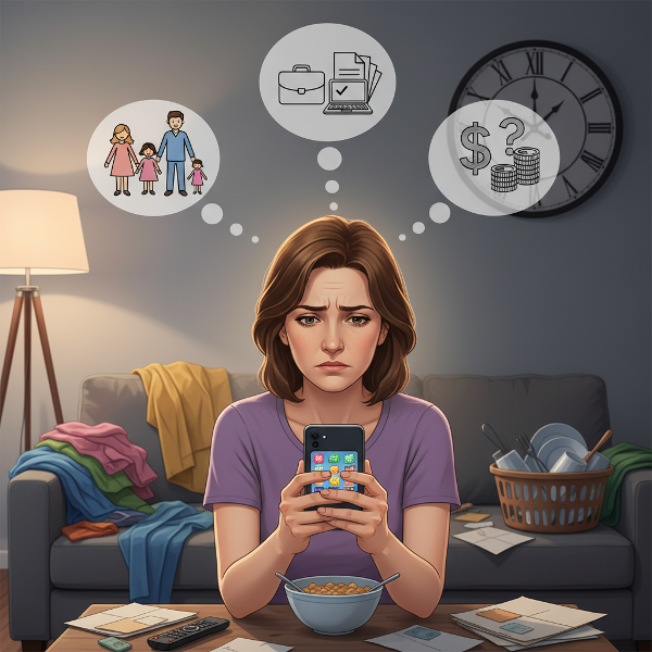 지친 직장인 여성이 스마트폰 게임에 빠져 일상이 무너지는 모습을 상징적으로 표현한 이미지입니다.