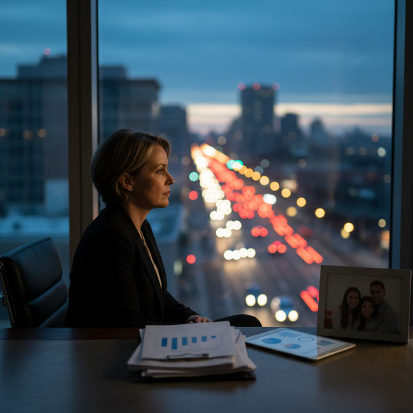 성공적인 중년 여성 사업가가 황혼의 사무실에서 깊은 고독감과 진정한 소통에 대한 갈망을 느끼는 모습을 담은 이미지