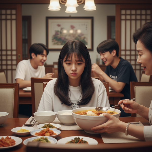 재혼 가정의 식사 시간에서 음식 강요와 놀림으로 인해 불안과 자존감 저하를 느끼는 10대 소녀의 심리적 부담을 표현한 이미지입니다.