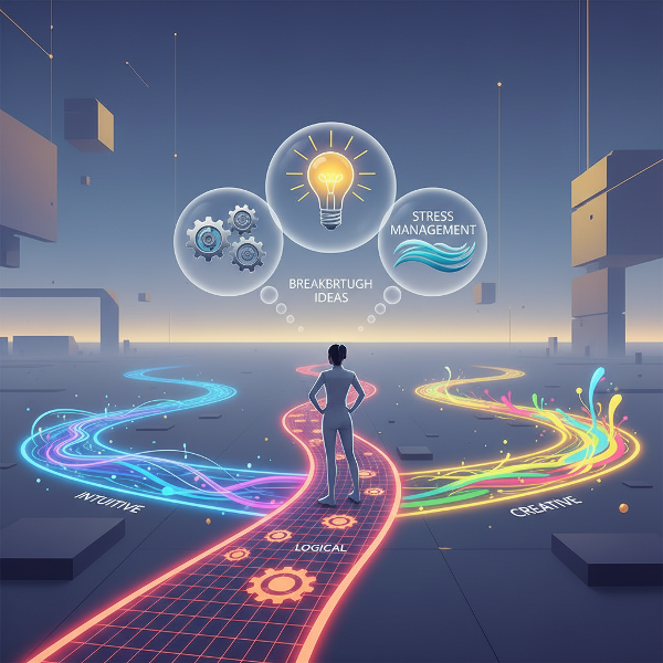 일상의 복잡한 문제에 직면했을 때 뇌가 직관, 논리, 창의성 등 다양한 방식으로 반응하는 모습을 상징적으로 표현한 개념적 이미지입니다.