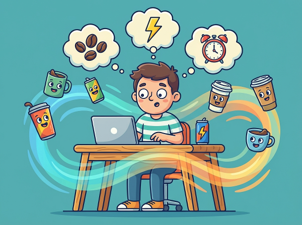 카페인 테스트를 상징하는 재미있고 다채로운 일러스트로, 다양한 카페인 음료와 에너지 아이콘이 사람 주변을 맴도는 모습을 표현했습니다.