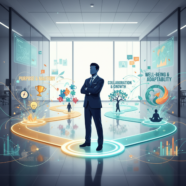 커리어 앵커, 협업 스타일, 지속력을 탐구하는 온라인 테스트를 상징하는 다이내믹하고 현대적인 일러스트입니다.