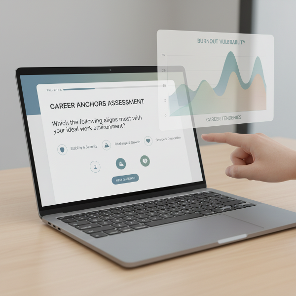 직업 성향, 리더십 스타일, 번아웃 취약성, 커리어 앵커를 측정하는 온라인 심리 검사 인터페이스를 보여주는 이미지입니다.