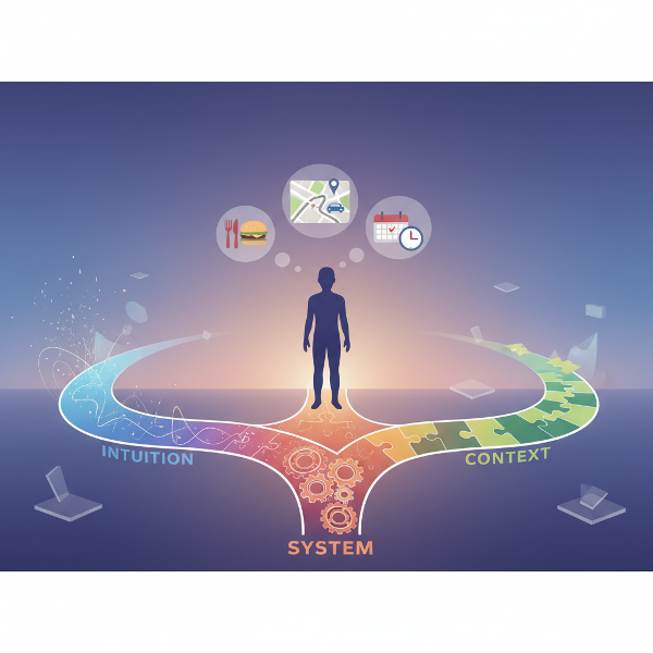 세 가지 빛나는 인지 경로(직관, 체계, 맥락)가 교차하는 추상적 풍경에서 일상적 결정을 상징하는 이미지입니다.