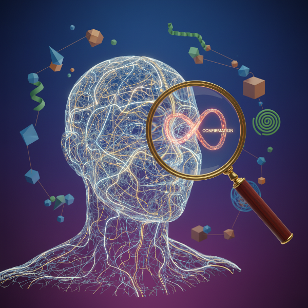 복잡한 미로처럼 연결된 뇌의 신경 경로를 확대경으로 살펴보며, 다양한 사고 방식과 숨어있는 인지 편향을 상징적으로 표현한 이미지입니다.