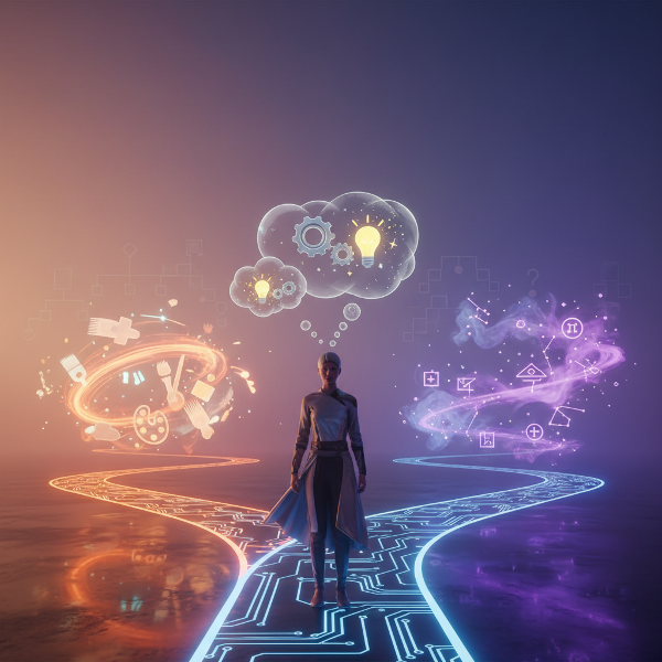 세 갈래 길과 떠오르는 생각으로 인지적 탐험을 상징하는 이미지