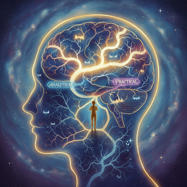 복잡한 신경 회로가 길과 강처럼 빛나는, 인간의 머리를 지도로 표현한 초현실적이고 은유적인 일러스트입니다.