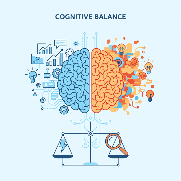 분석적 사고와 창의적 사고를 기어와 전구로 상징화하고, 충동적 결정과 성찰적 결정을 저울로 표현한 현대적인 인포그래픽 스타일의 심리 테스트 설명 이미지입니다.