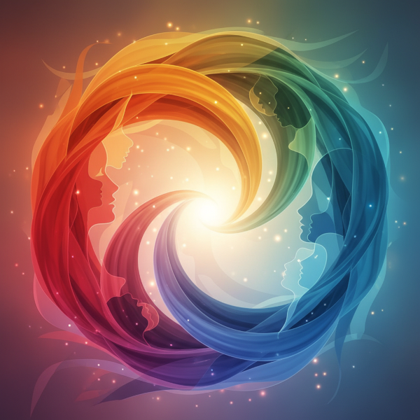 색채 심리를 통해 에너지 흐름과 감정 상태를 표현한 추상적인 일러스트레이션입니다.