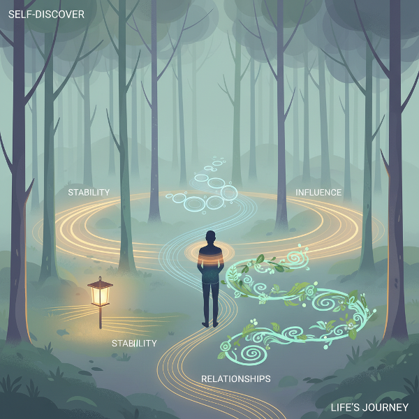 핵심 가치를 탐구하는 테스트를 상징하는 이미지로, 여러 길이 갈라진 숲 속에서 내면의 가치를 비추며 고민하는 사람을 표현했습니다.