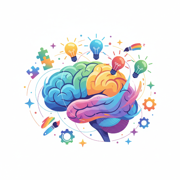 창의성 테스트를 상징하는 다채로운 뇌와 아이디어 전구, 다양한 아이콘들이 연결된 현대적인 일러스트 이미지입니다.
