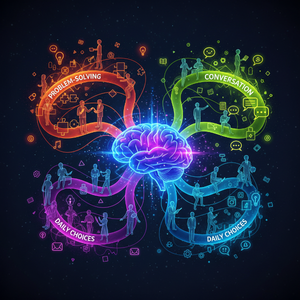 창의성을 삶의 다양한 영역에서 빛나는 능력으로 표현한 추상적인 마인드맵 이미지입니다.