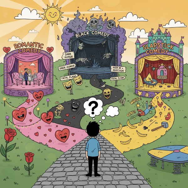 일상의 작은 선택들이 로맨틱 코미디, 블랙 코미디, 슬랩스틱 코미디 등 다양한 코미디 장르로 펼쳐지는 모습을 유쾌하고 생동감 있게 표현한 이미지입니다.