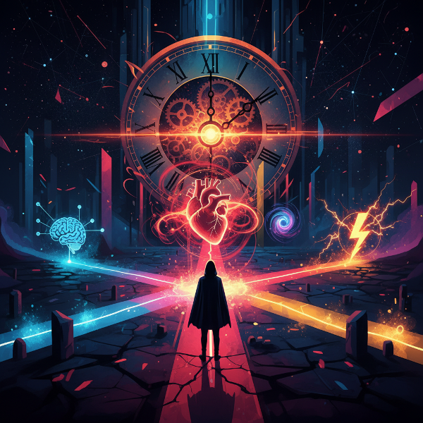 스트레스 상황에서의 결정 방식을 상징적으로 표현한 이미지로, 교차로와 다양한 경로를 통해 논리, 감정, 위험 요소를 시각화합니다.