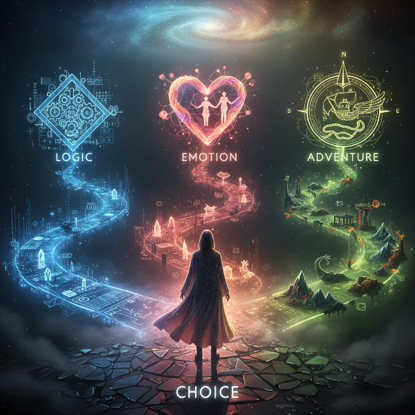 사람이 갈림길에 서서 논리, 감정, 모험을 상징하는 다양한 길을 바라보는 이미지로, 결정 과정의 심리적 패턴을 시각적으로 표현합니다.