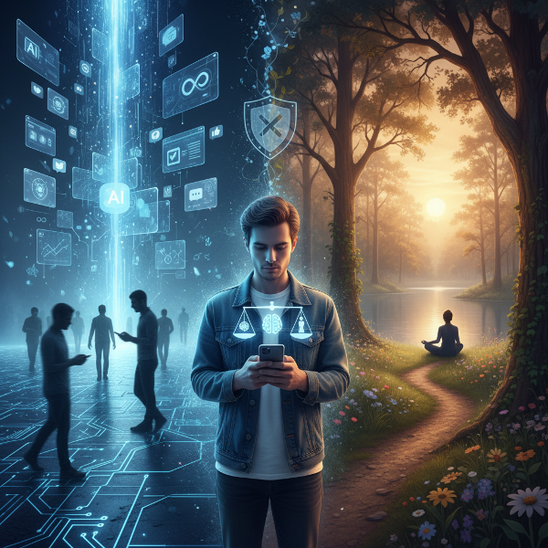 디지털 세계와 현실 세계의 경계에서 고민하는 현대인의 모습을 상징적으로 표현한 이미지로, 기술 의존도와 심리적 안정의 균형을 시각화했습니다.