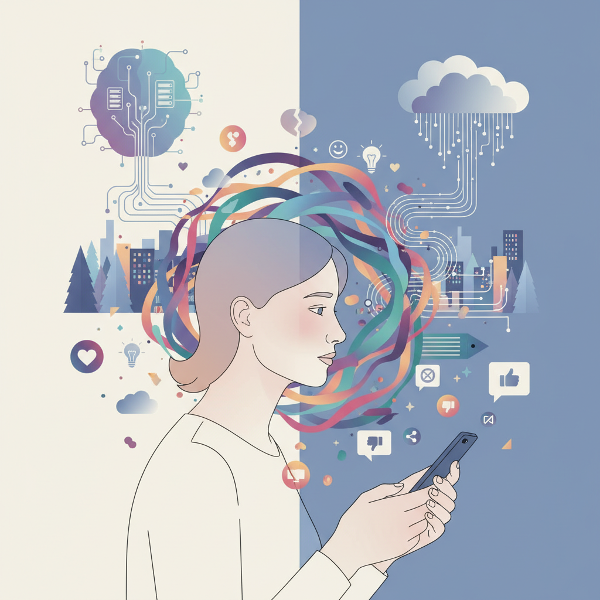 디지털 환경이 감정과 생활에 미치는 영향을 상징적으로 표현한 이미지로, 스마트폰 사용과 내면의 균형을 탐구하는 모습을 담았습니다.