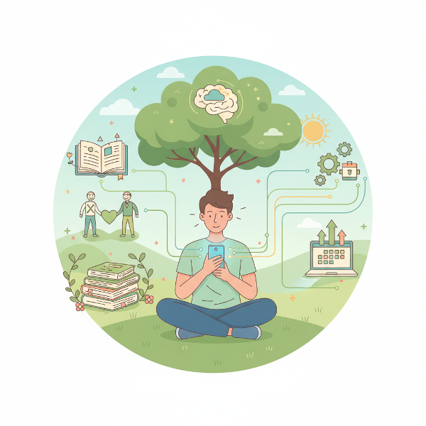 디지털 사용과 실제 생활이 균형을 이루는 모습을 상징적으로 표현한 일러스트로, 건강한 온-오프라인 생활을 위한 통찰을 시각화했습니다.