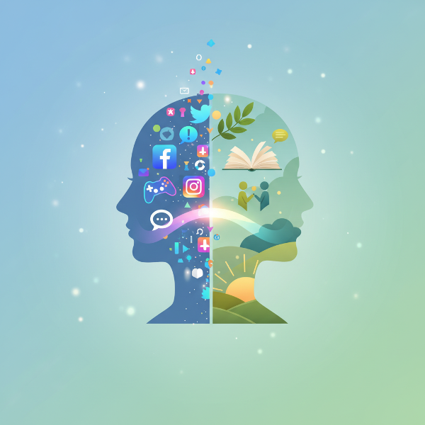 디지털 활동과 현실 생활이 조화를 이루는 균형 잡힌 라이프스타일을 상징하는 이미지입니다.