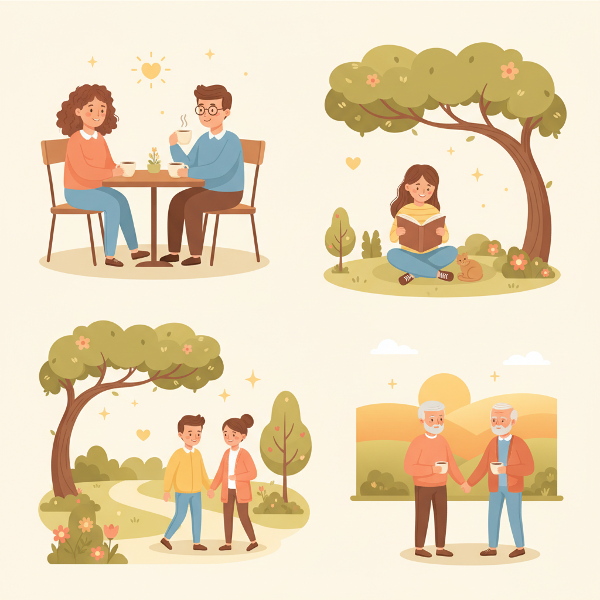 평범한 일상 속에서 소소한 행복의 순간들을 발견하고 즐기는 다양한 사람들을 따뜻하고 평화로운 분위기로 표현한 일러스트입니다.