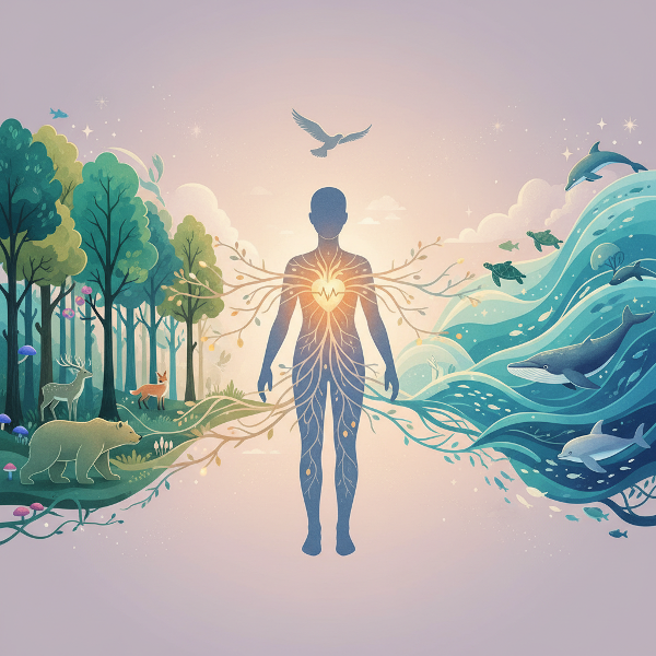 인간의 내면과 자연 세계가 빛나는 뿌리와 가지로 연결되어 있는 상징적이고 고요한 일러스트레이션입니다. 숲, 바다, 동물과의 소통이 정신적 회복과 생태적 감수성을 나타냅니다.